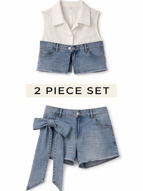 Denim + White 2 Piece Set | Bow Detail | Cheeky Shorts
